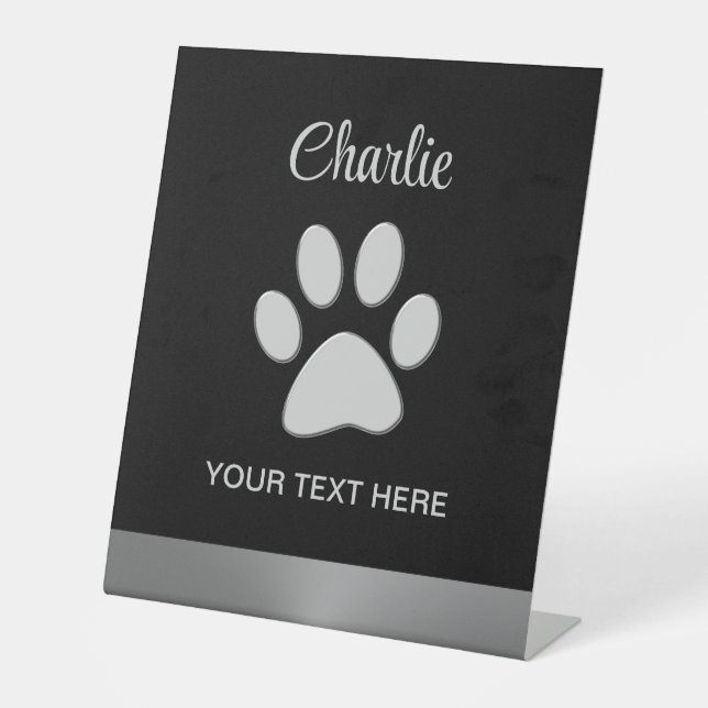 Signe De Table Paw Chien Argent sur arrière - plan noir (Recto)