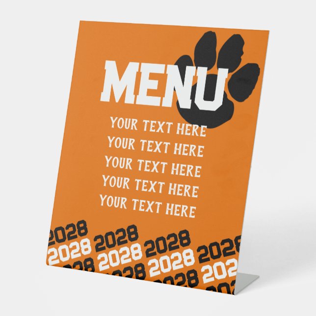 Signe De Table Pawprint Orange et Noir Menu de Graduation (Recto)