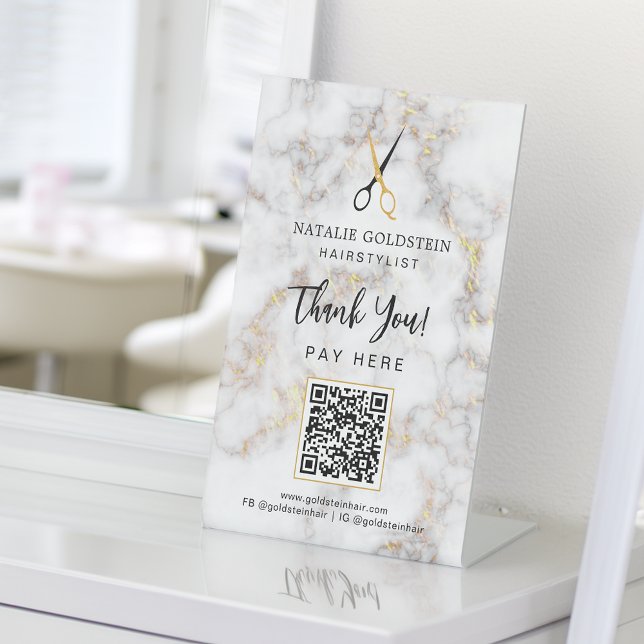 Signe De Table Payer ici avec code QR Ciseaux Noir Or Marbre (Marble Black Gold Scissor QR Code Pay Here Pedestal Sign)