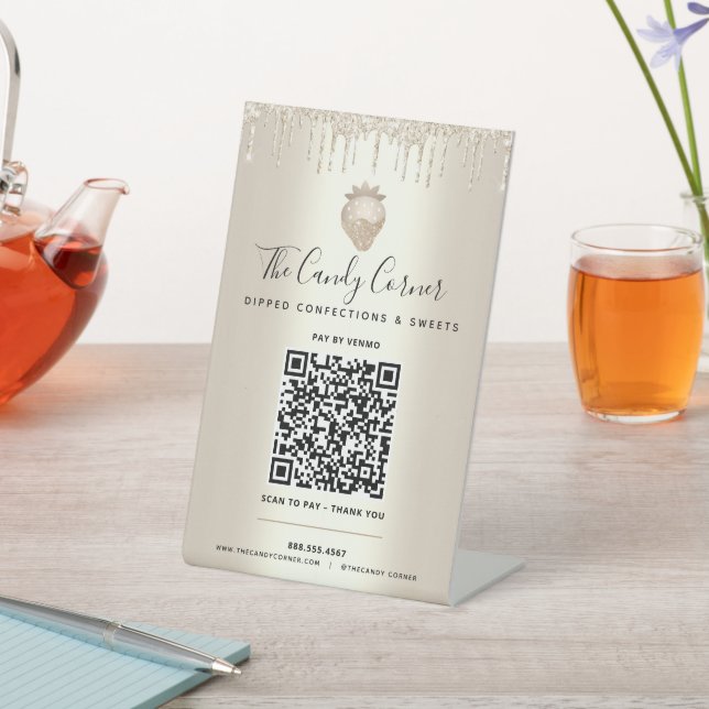 Signe De Table Payer ici avec code QR doré gouttes de brillance à (In SItu)