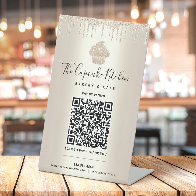 Signe De Table Payer ici avec code QR Gâteau Cupcake Doré Gouttes (Créateur téléchargé)