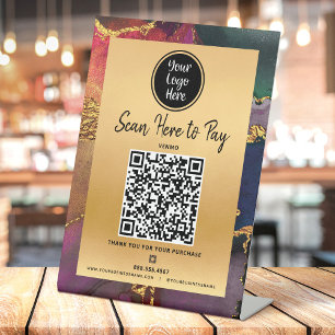Signe De Table Payer ici Code QR Logo Or Pourpre Marine Agate