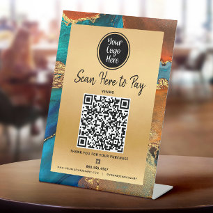 Signe De Table Payer ici Code QR Logo Or Turquoise Orange Agate