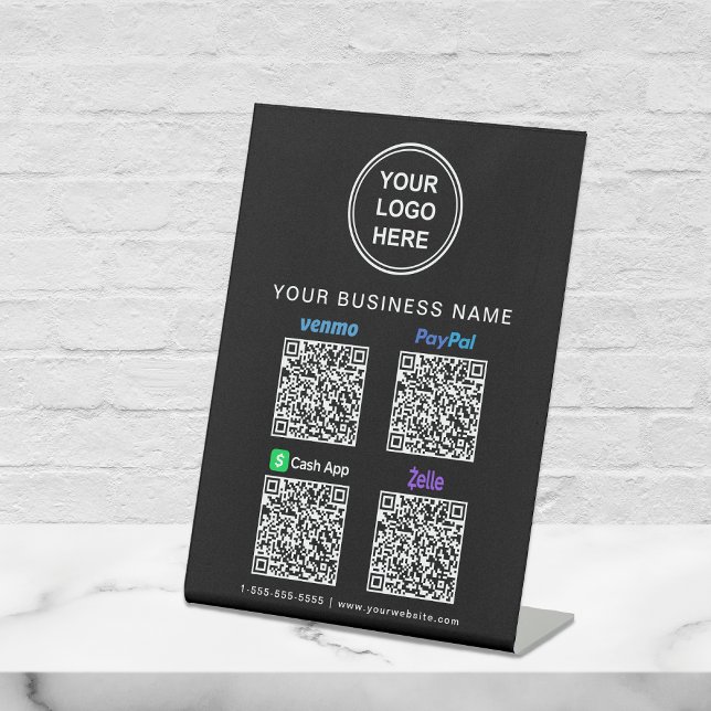 Signe De Table Paypal Venmo CashApp Zelle QR Code Logo Noir (A QR code sign to effortlessly connect your customers to your payment platforms)