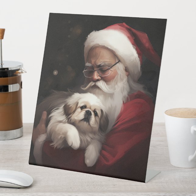 Signe De Table Pekingese avec le Père Noël Festif Noël (In SItu)