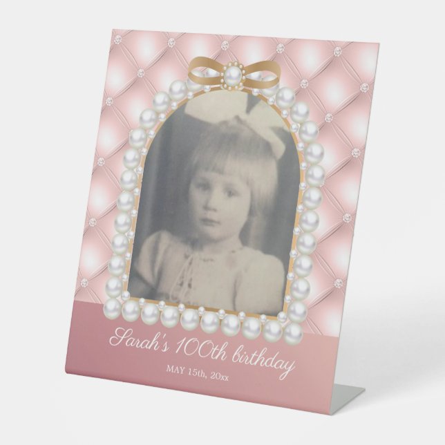 Signe De Table Perles blanches roses 100e anniversaire Photo Vint (Recto)