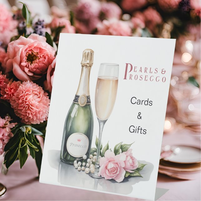 Signe De Table Perles Et Procuco Cartes De Fête des mariées Et Ca (Angled view pearls and prosecco bridal shower romantic pink fairytale elegant cards and gifts sign
)