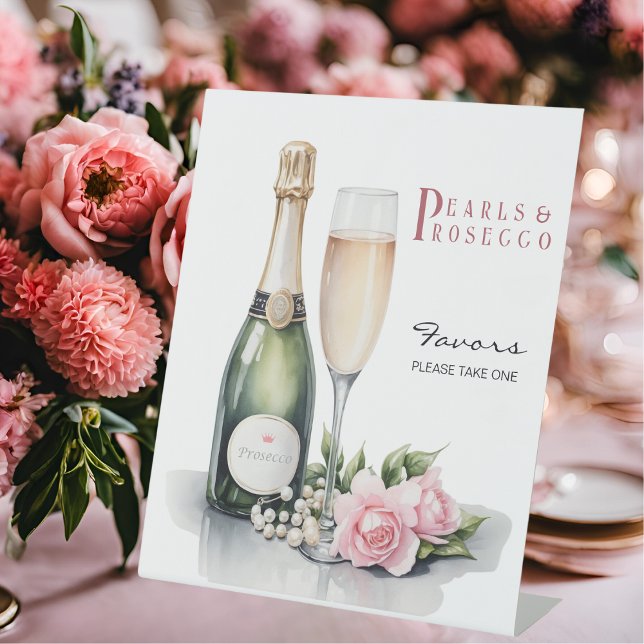 Signe De Table Perles et prosecco: Cadeaux de fête prénuptiale (Angled view pearls and prosecco bridal shower brunch and bubbly favors sign)