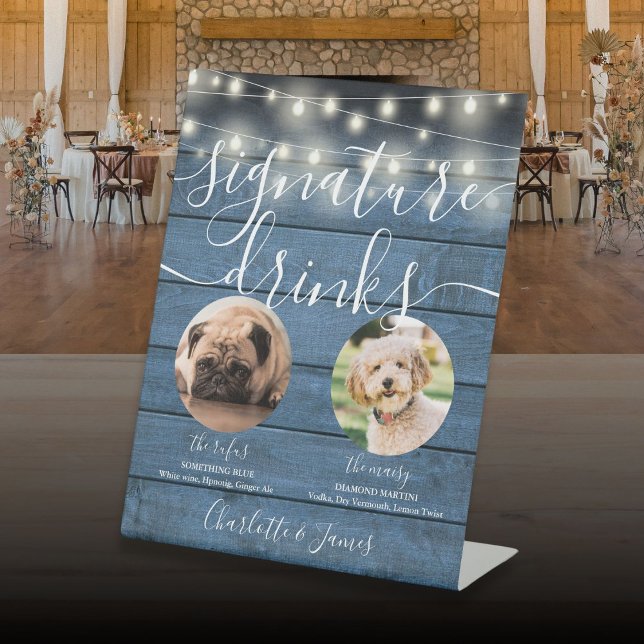 Signe De Table Pet Chien Signature Boissons Chaîne Lumières Blue  (Pet Dog Signature Drinks String Lights Blue Wood Pedestal Sign)