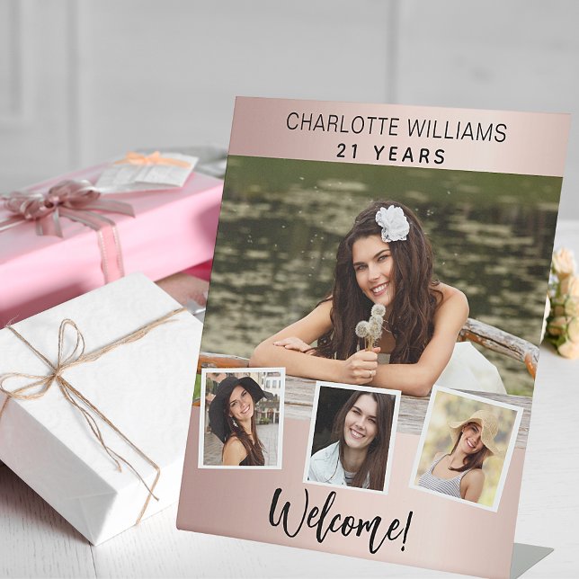 Signe De Table Photo collage rose or fête d'anniversaire bienvenu (Créateur téléchargé)