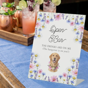 Signe De Table Photo de chien aux fleurs sauvages pressées Boisso