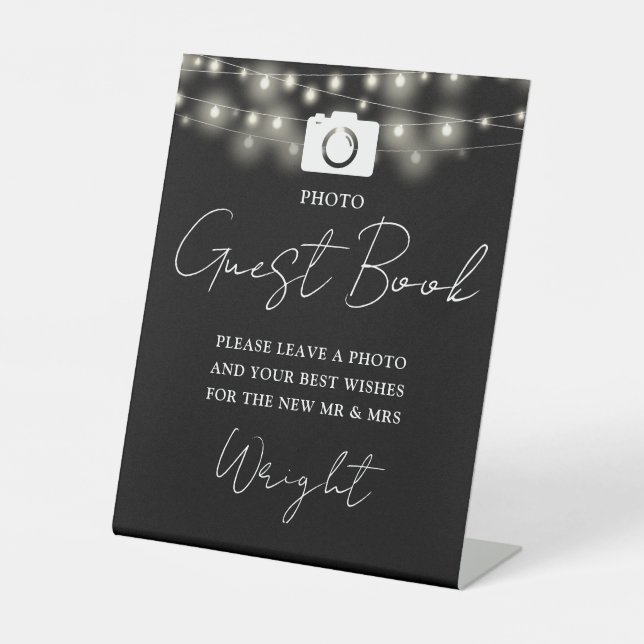 Signe De Table Photo Livre d'invité Mariage Black and White Light (Recto)