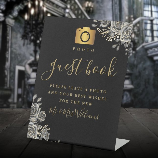 Signe De Table Photo Livre D'Invité Rose Gothique Noir Et Or (Photo Guest Book Black And Gold Gothic Roses Pedestal Sign)