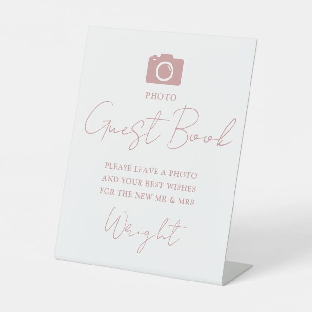 Signe De Table Photo Livre d'invité Script Dusty Rose Mariage ros (Recto)