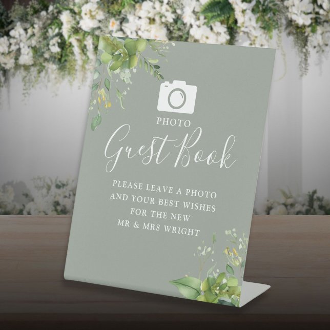 Signe De Table Photo Livre d'Invité Vert Sage Green Mariage (Photo Guest Book Greenery Sage Green Wedding Pedestal Sign)