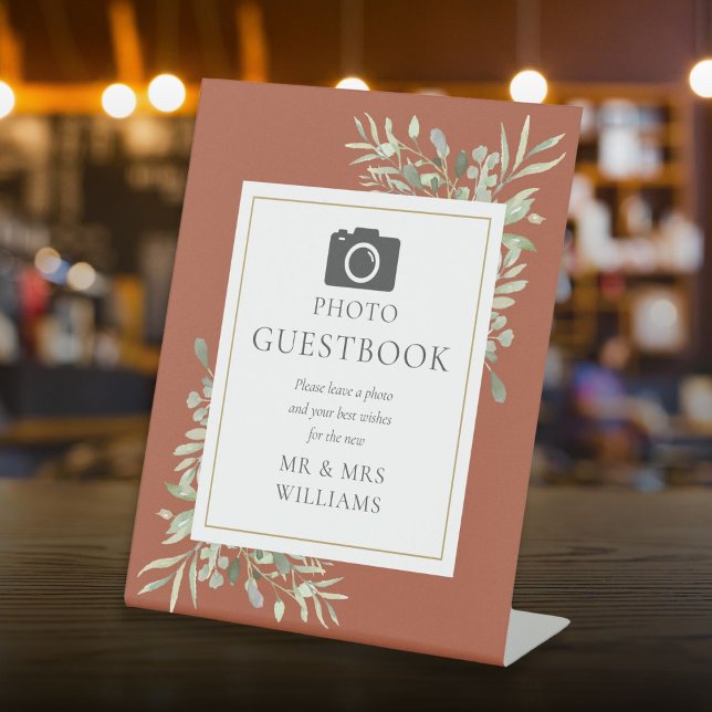 Signe De Table Photo Livre d'or Aquarelle Verdure Terracotta (Photo Guestbook Watercolor Greenery Terracotta Pedestal Sign)