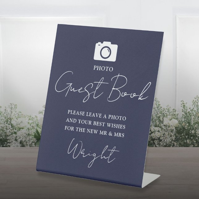 Signe De Table Photo Livre d'or Script Mariage bleu marine (Photo Guest Book Script Navy Blue Wedding Pedestal Sign)