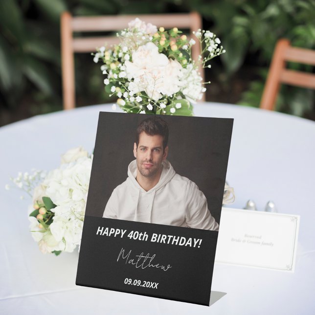 Signe De Table Photo personnalisé homme noir et blanc 40e anniver (Créateur téléchargé)