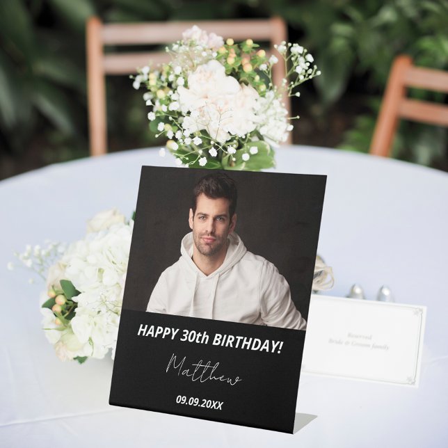 Signe De Table Photo personnalisée noir blanc gars 30e anniversai (Créateur téléchargé)