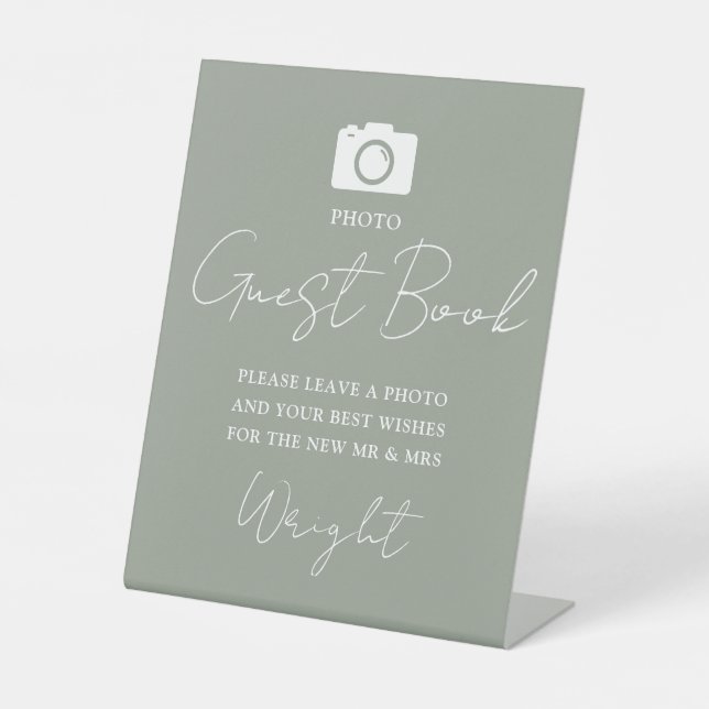 Signe De Table Photographie Livre d'invité Script Sage Green Mari (Recto)
