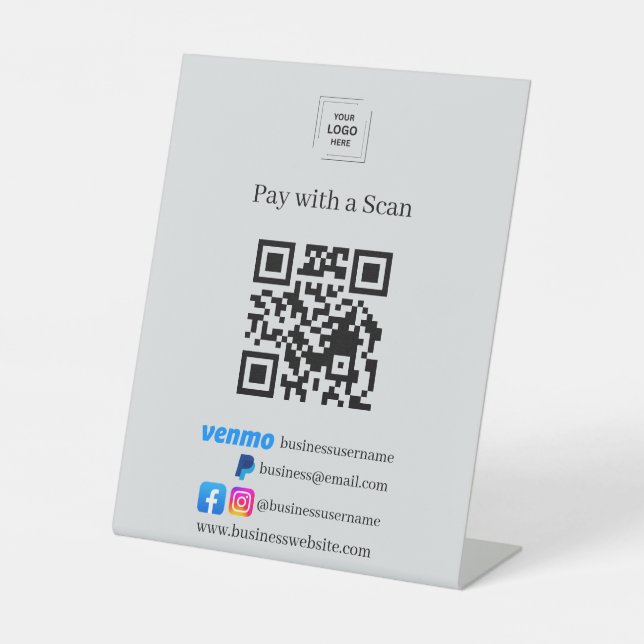 Signe De Table Piedestal de code QR Venmo PayPal gris pour numéri (Recto)