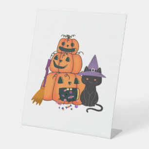 Signe De Table Pile de citrouilles d'Halloween avec chat noir, bo