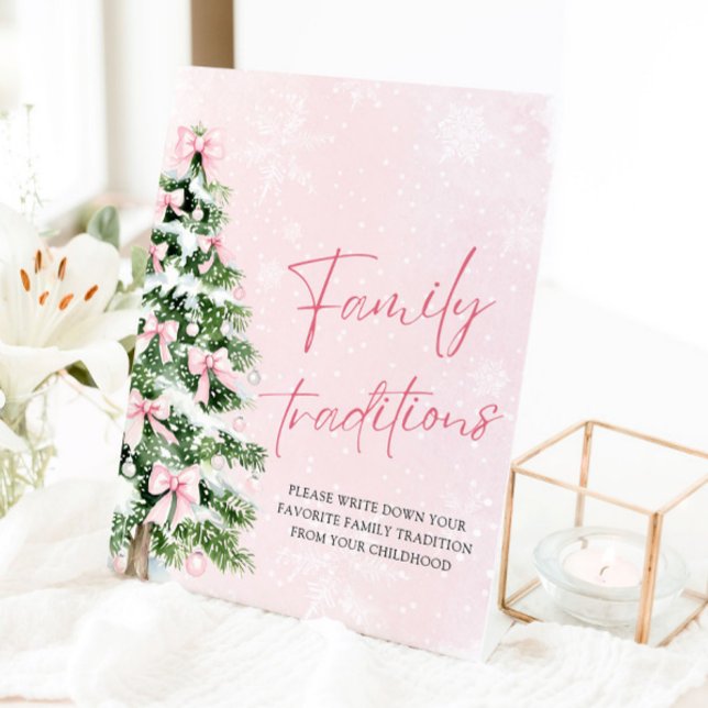 Signe De Table Pink Bows Arbre de Noël Traditions familiales Jeu (Pink Bows Christmas Tree Family Traditions Game Sign)