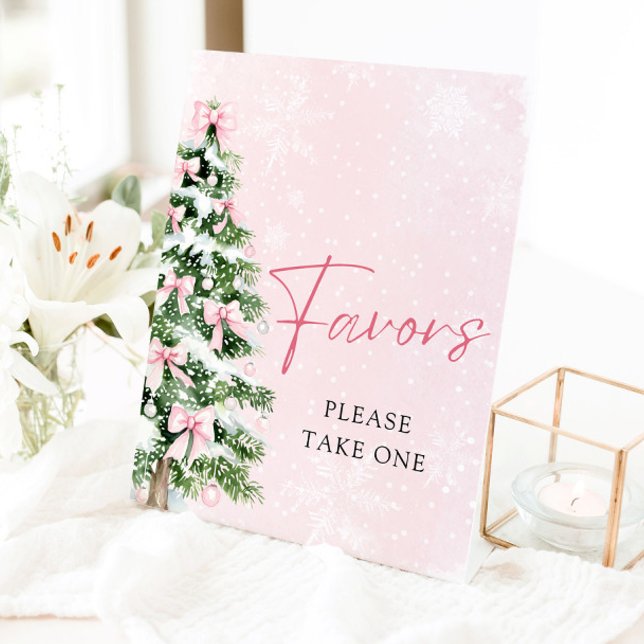 Signe De Table Pink Bows Christmas Tree Baby shower d'hiver Faveu (Pink Bows Christmas Tree Winter Baby Shower Favors Sign)
