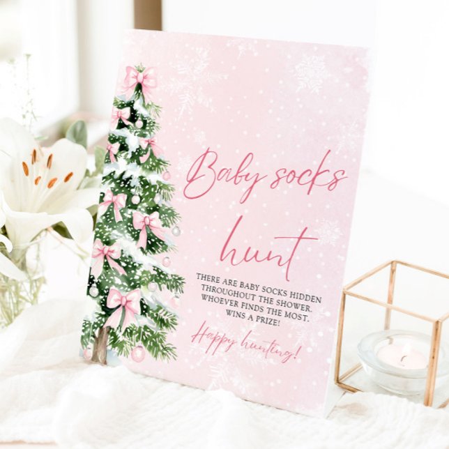 Signe De Table Pink Bows Christmas Tree Chaussettes pour bébé Cha (Pink Bows Christmas Tree Baby Socks Hunt Game Pedestal Sign)