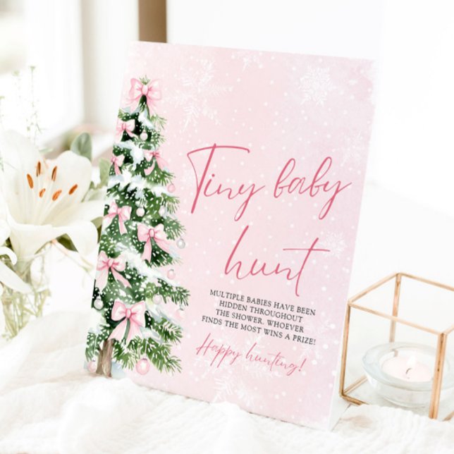 Signe De Table Pink Bows Christmas Tree Minuscule jeu de chasse p (Pink Bows Christmas Tree Tiny Baby Hunt Game Sign)