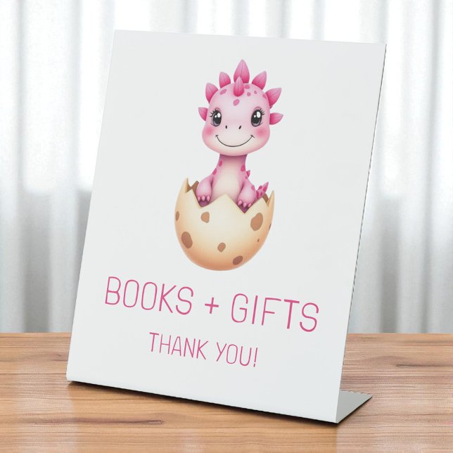 Signe De Table Pink Dinosaur Books and Gifts Baby Shower Sign (Créateur téléchargé)