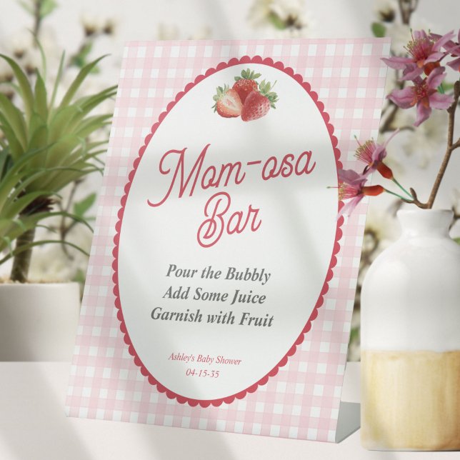 Signe De Table Pink Gingham Berry Sweet, Strawberry Mom-osa Bar (Berry Sweet-Strawberry with Pink Gingham Background Baby Girl Shower Mom-osa Bar Sign.)