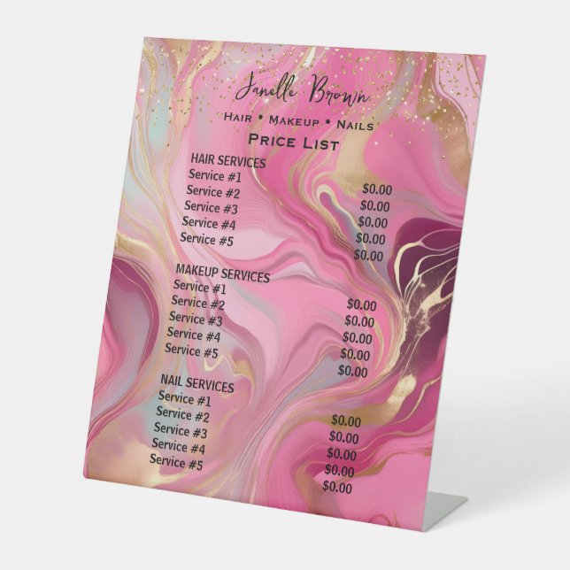 Signe De Table Pink Marble & Gold Glitter Beauty Salon Price List (Recto)
