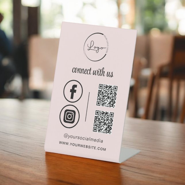 Signe De Table Pink QR Connect Us Business Logo Médias sociaux (Créateur téléchargé)