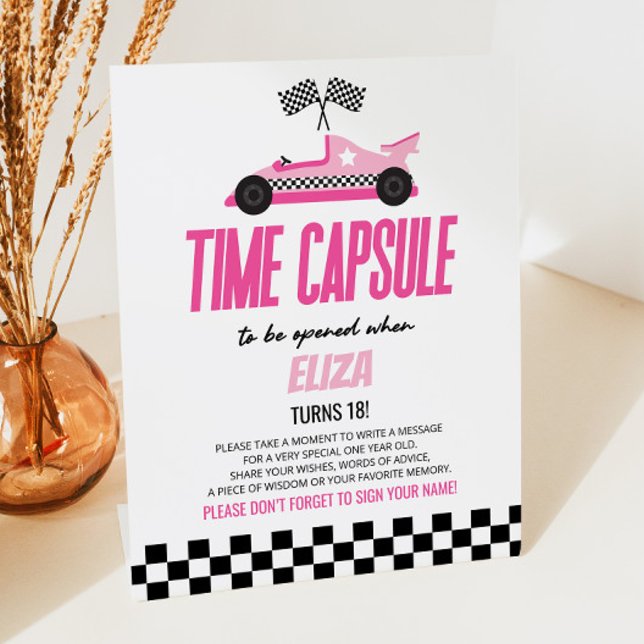 Signe De Table Pink Race Car Anniversaire Fête Heure Capsule (Créateur téléchargé)