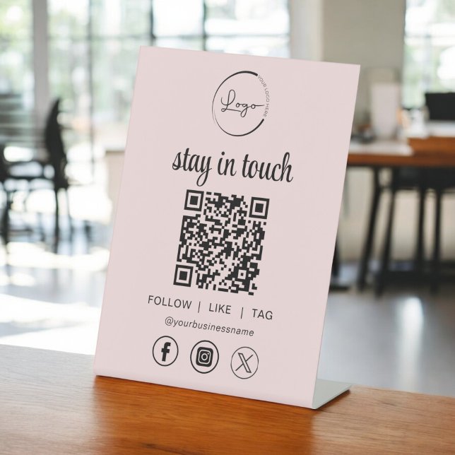 Signe De Table Pink Social Media QR Code Business Logo (Créateur téléchargé)