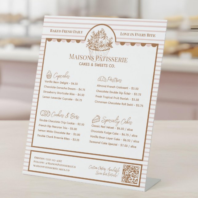 Signe De Table Pink Stripe Cupcake Pastry Bakery Menu Price List (Pink Stripe Cupcake Pastry Bakery Menu Price List Pedestal Sign)