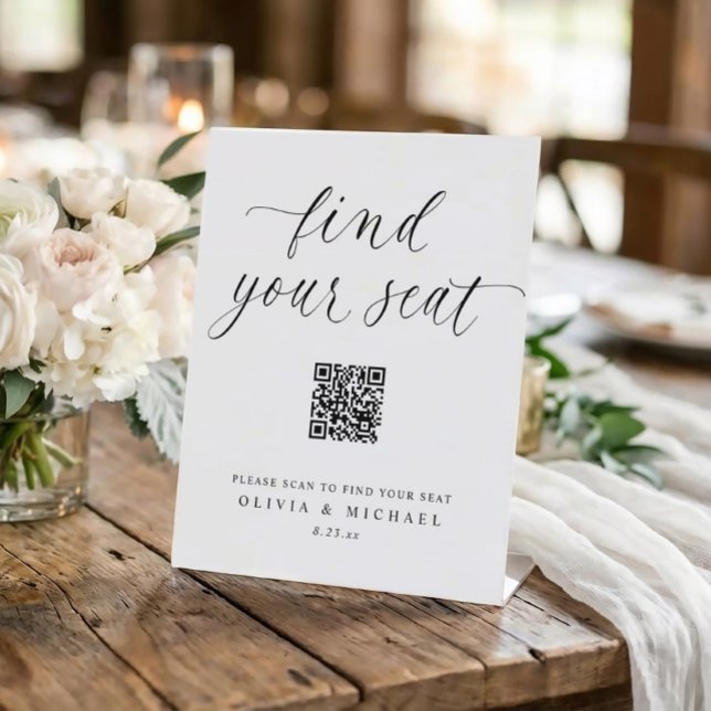 Signe De Table Plan de table numérique élégant avec code QR pour  (Elegant simple wedding seating chart sign with trendy script and QR code - Find Your Seat)