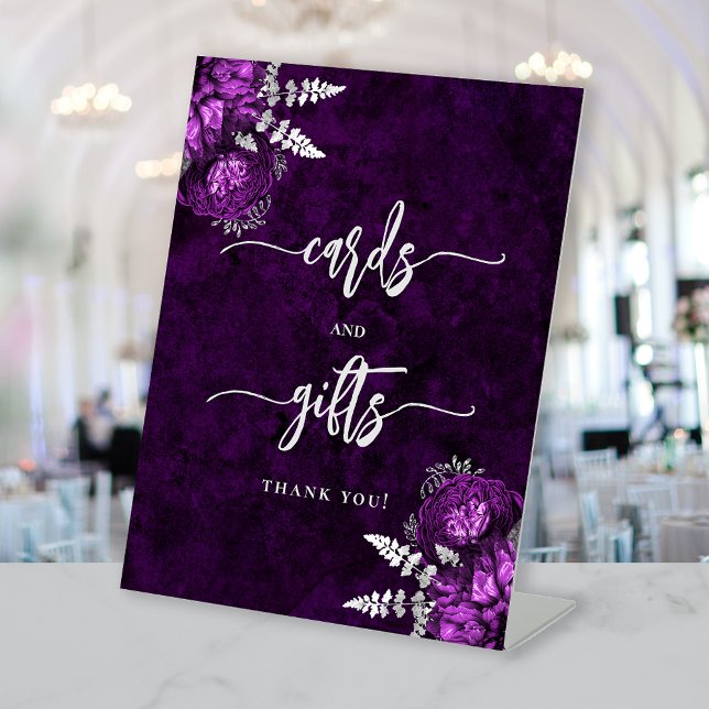 Signe De Table Plum Purple Silver Floral Wedding Cards Gifts (Créateur téléchargé)