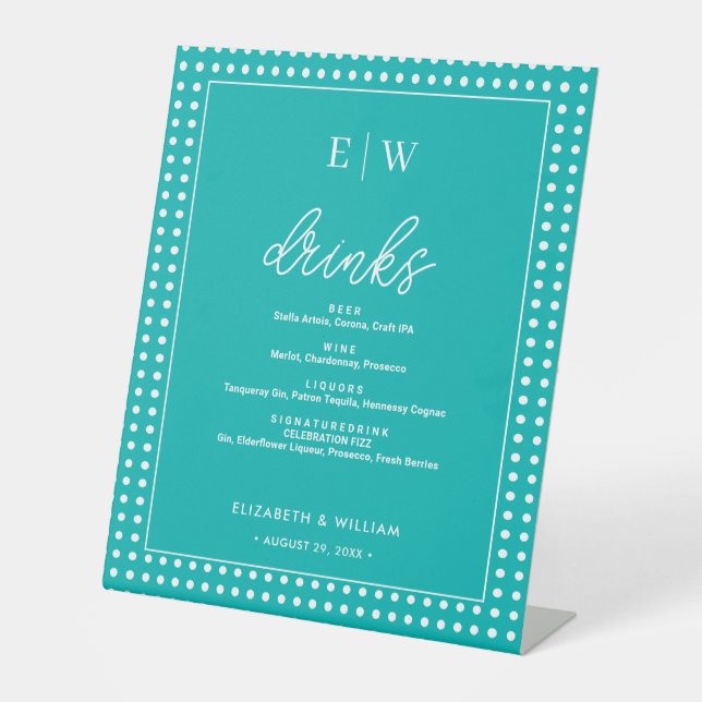 Signe De Table Points blancs sur sarcelle – Mariage personnalisé (Recto)