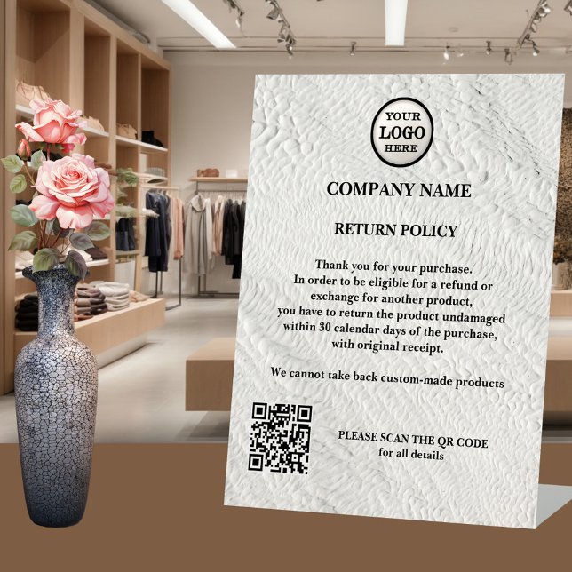 Signe De Table Politique de retour Travertine Commerce de détail  (Business tabletop sign template with your refund policy on a travertine texture - logo - QR code)