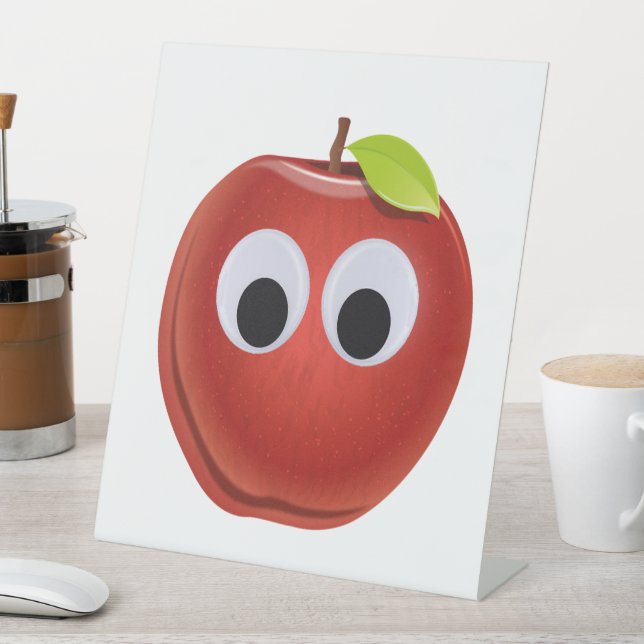Signe De Table Pomme rouge drôle avec yeux de googly (In SItu)