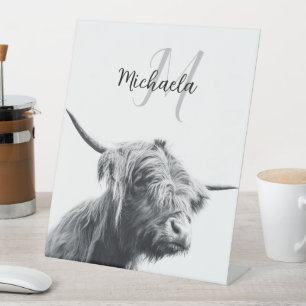 Signe De Table Portrait de vache Highland premier monogramme noir