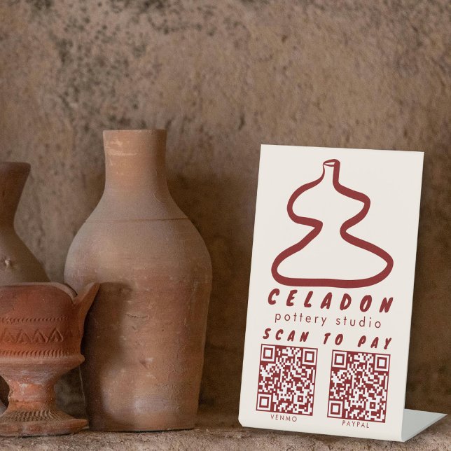 Signe De Table POTERIE Boutique de Céramique SCAN POUR PAYER QR  (POTTERY Ceramics Shop Hand-drawn SCAN TO PAY QR Pedestal Sign
)