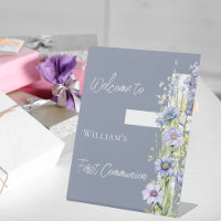 Première communion croix florale bleu poussiéreux