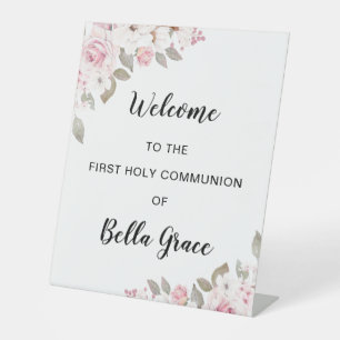 Signe De Table Première communion florale rose pâle Bienvenue