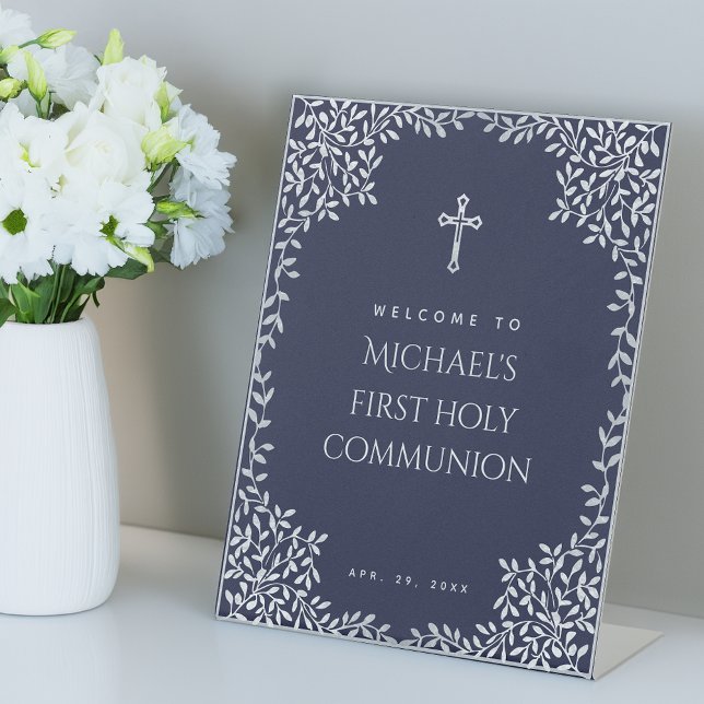 Signe De Table Première communion garçon bleu marine Faux feuille (Créateur téléchargé)