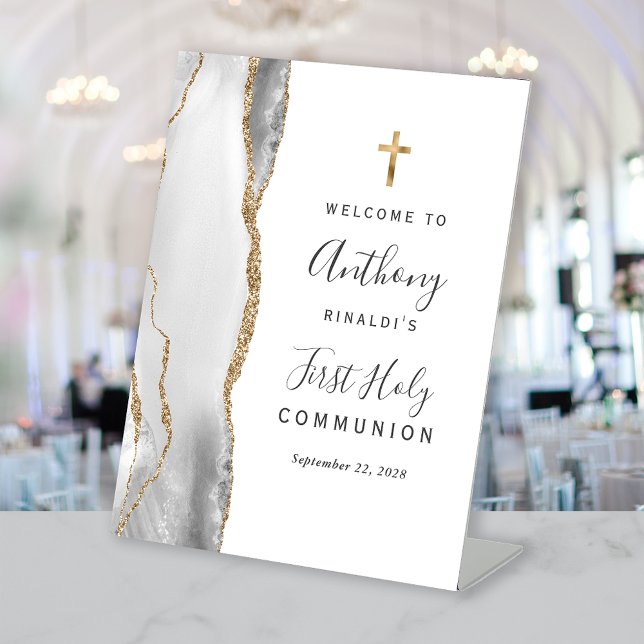 Signe De Table Première Sainte Communion Bienvenue Or Agate Grise (Créateur téléchargé)