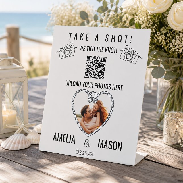 Signe De Table Prenez un cliché, nous avons noué nos vies QR code (Take a Shot We Tied the Knot QR code Photo Sign)