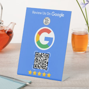 Signe De Table Présentoir bleu pour les avis Google avec QR Code